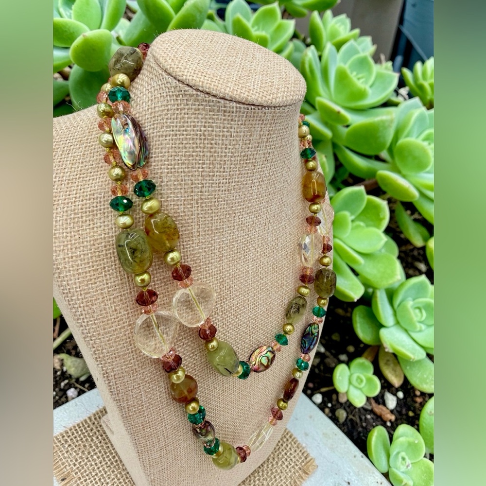 One Of A Kind Artisan Abalone Moss Agate Quartz Pearl 40” Necklace 925 Gemstone - Picture 6 of 17